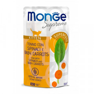 MONGE CAT SUPREME KITTEN konservi kaķēniem Tuncis, spināti, burkāni 80g